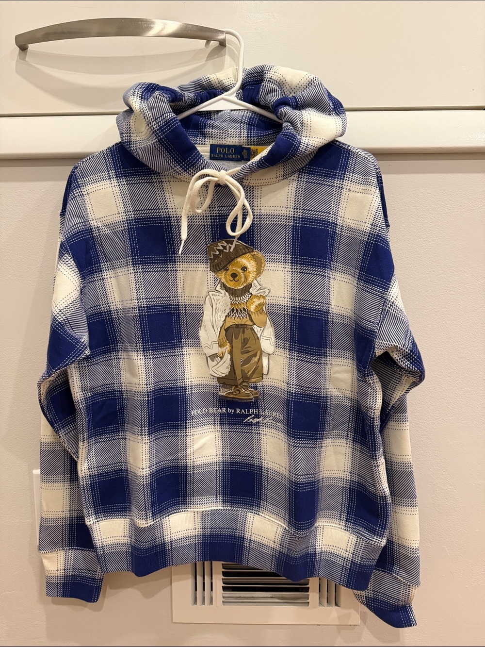 Polo by Ralph Lauren Blue & White Plaid Bear Flannel Hoodie